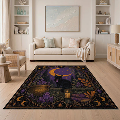 Mystical Black Cat Purple Moon Area Rug