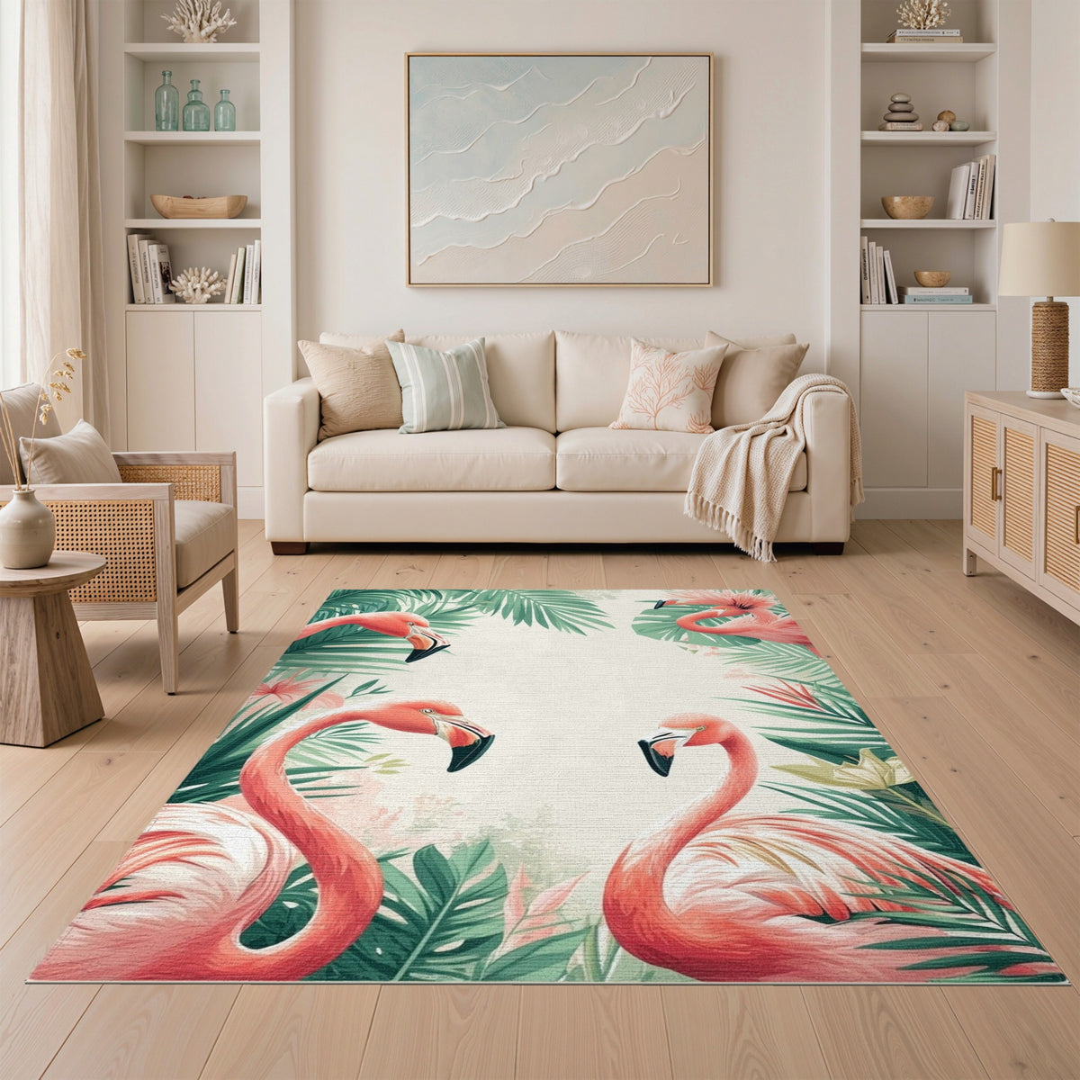 Flamingo Coastal Beach Pink Flamingo Palm Leaf Area Rug