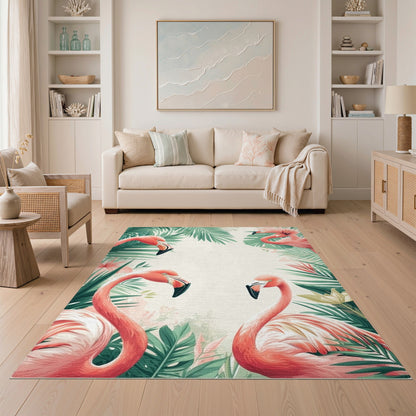 Flamingo Coastal Beach Pink Flamingo Palm Leaf Area Rug