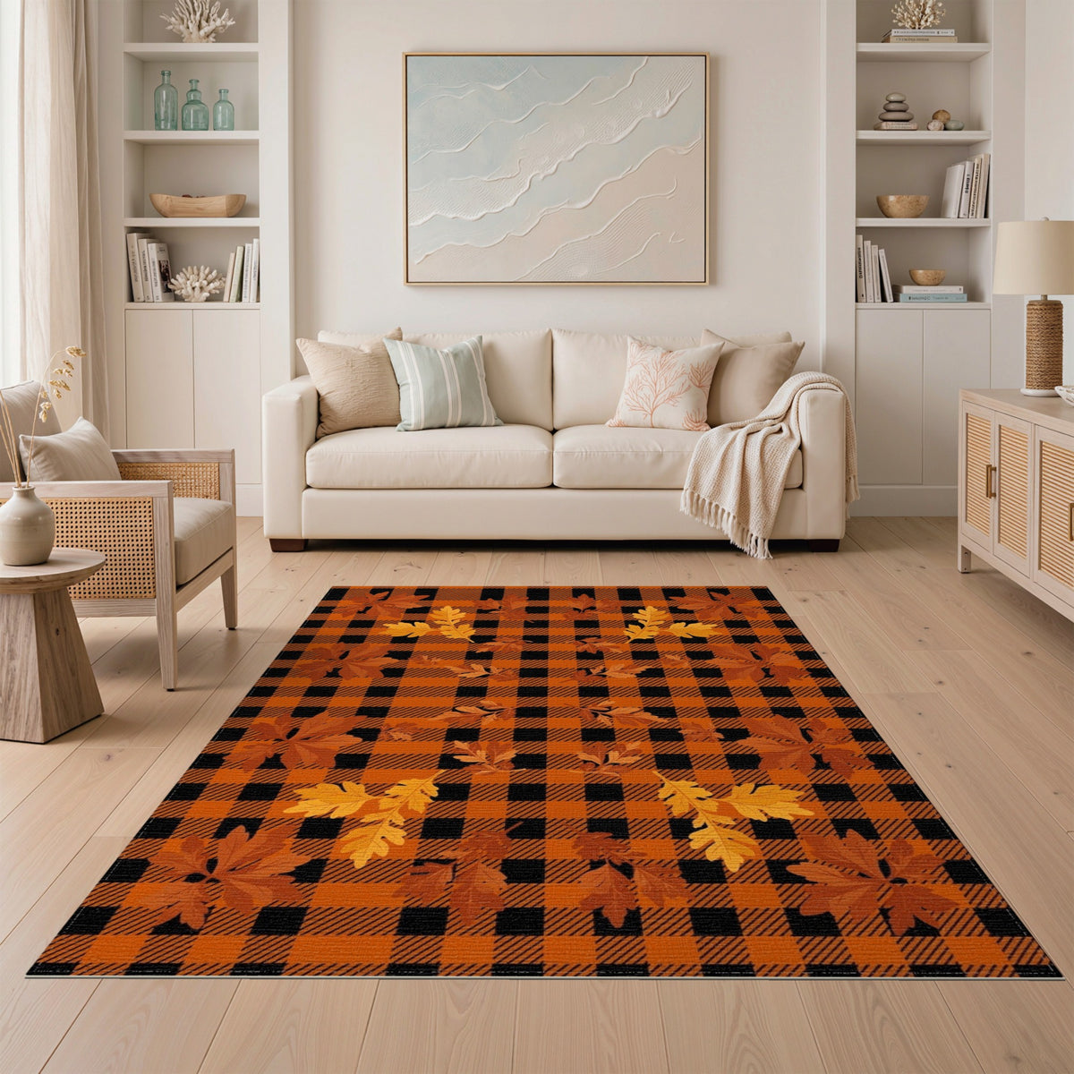 Orange Black Plaid Autumn Leaves Area Rug