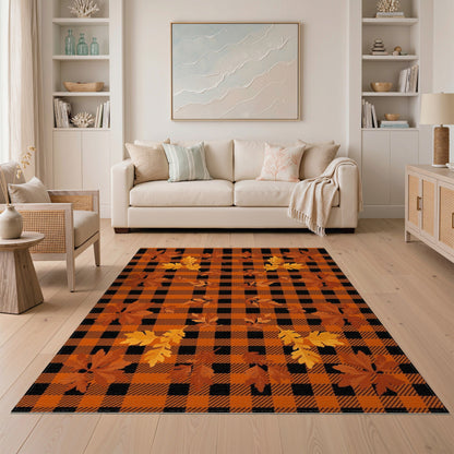 Orange Black Plaid Autumn Leaves Area Rug