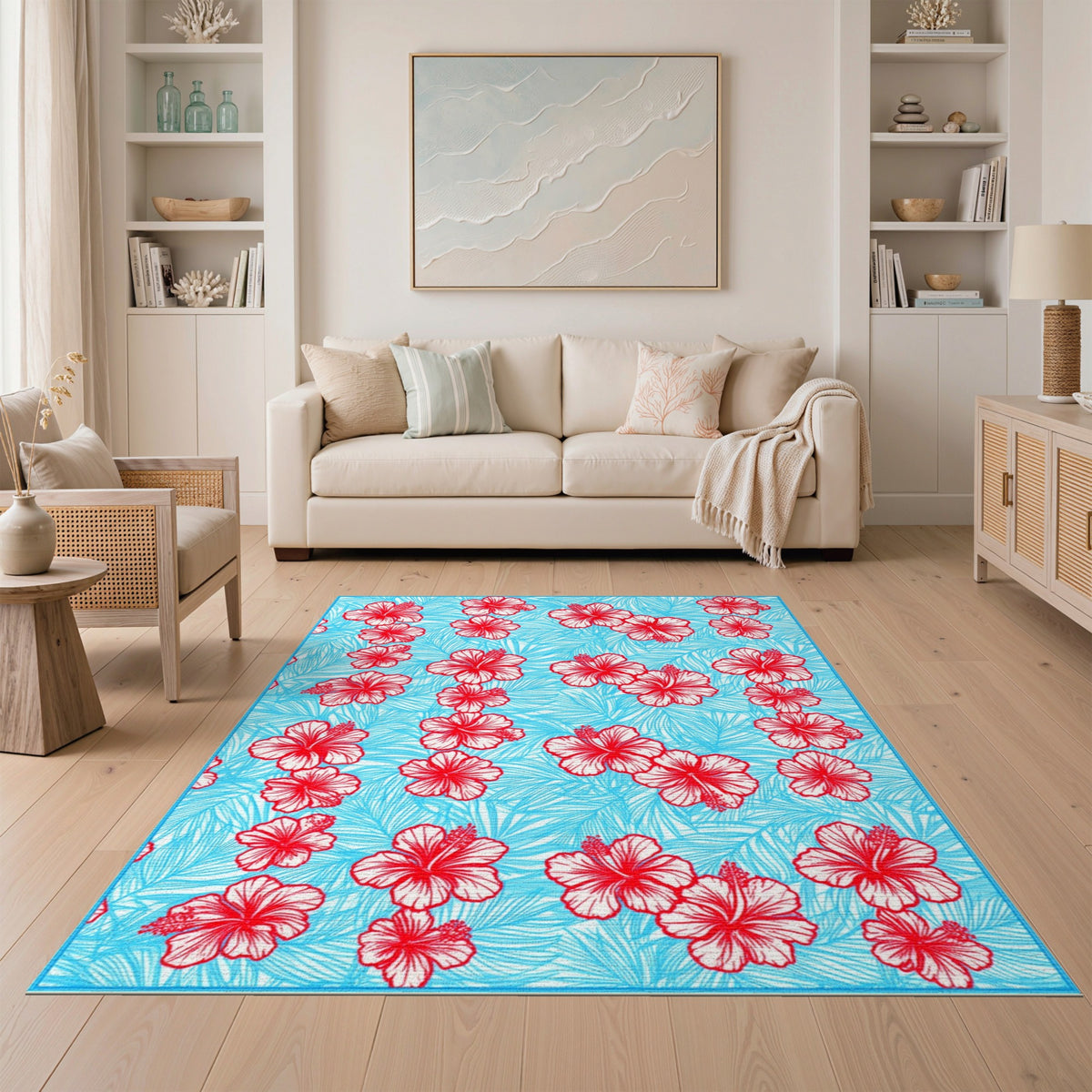 Red Hibiscus Blue Floral Area Rug