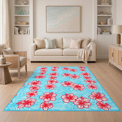 Red Hibiscus Blue Floral Area Rug