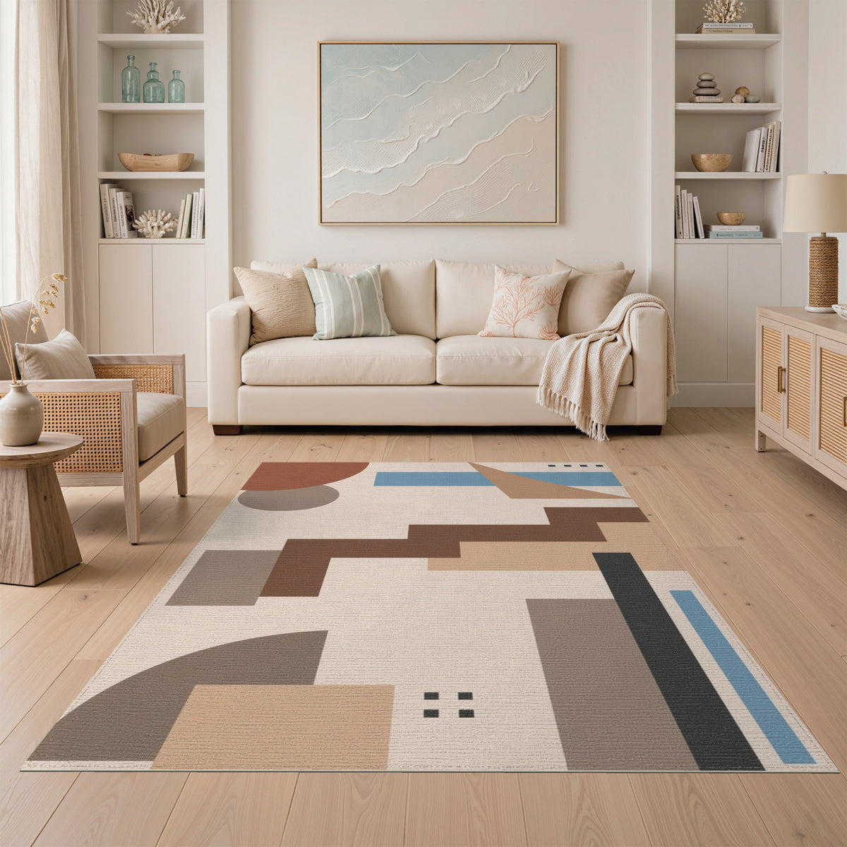 Modern Geometric Beige Area Rug with Brown Steps