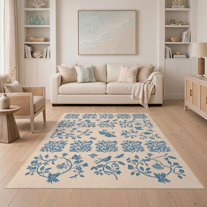 Blue and Teal Blue Floral Bird Vintage Area Rug