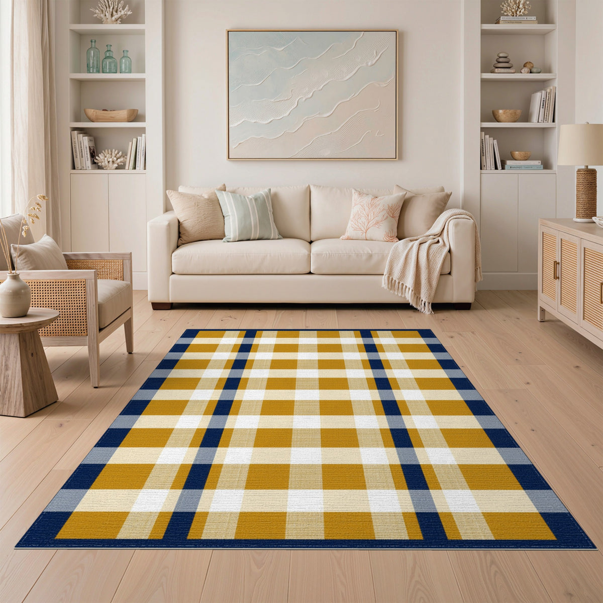 Navy Mustard Checkered Area Rug