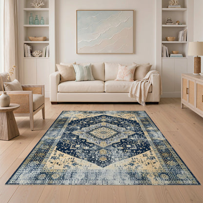 Navy Blue Distressed Vintage Medallion Rug