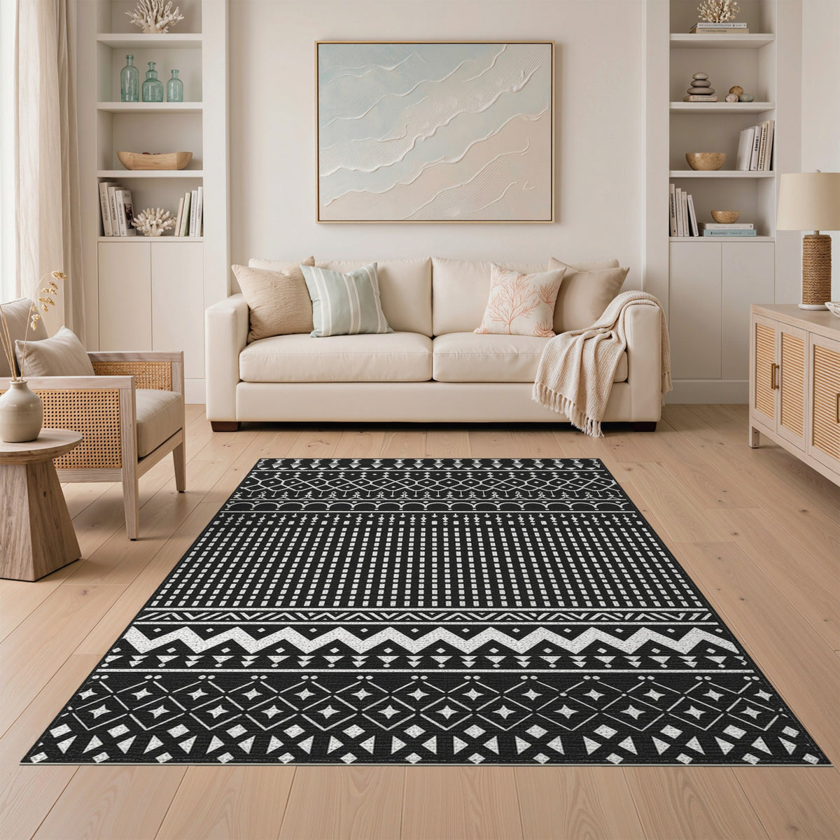 Black White Heritage Tribal Area Rug