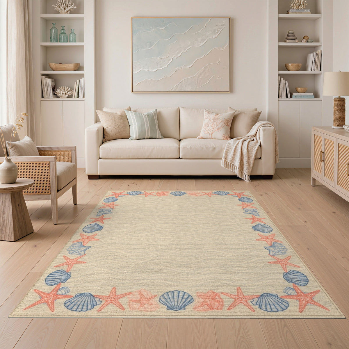 Coastal Beach Beige Coastal Seashell Starfish Area Rug