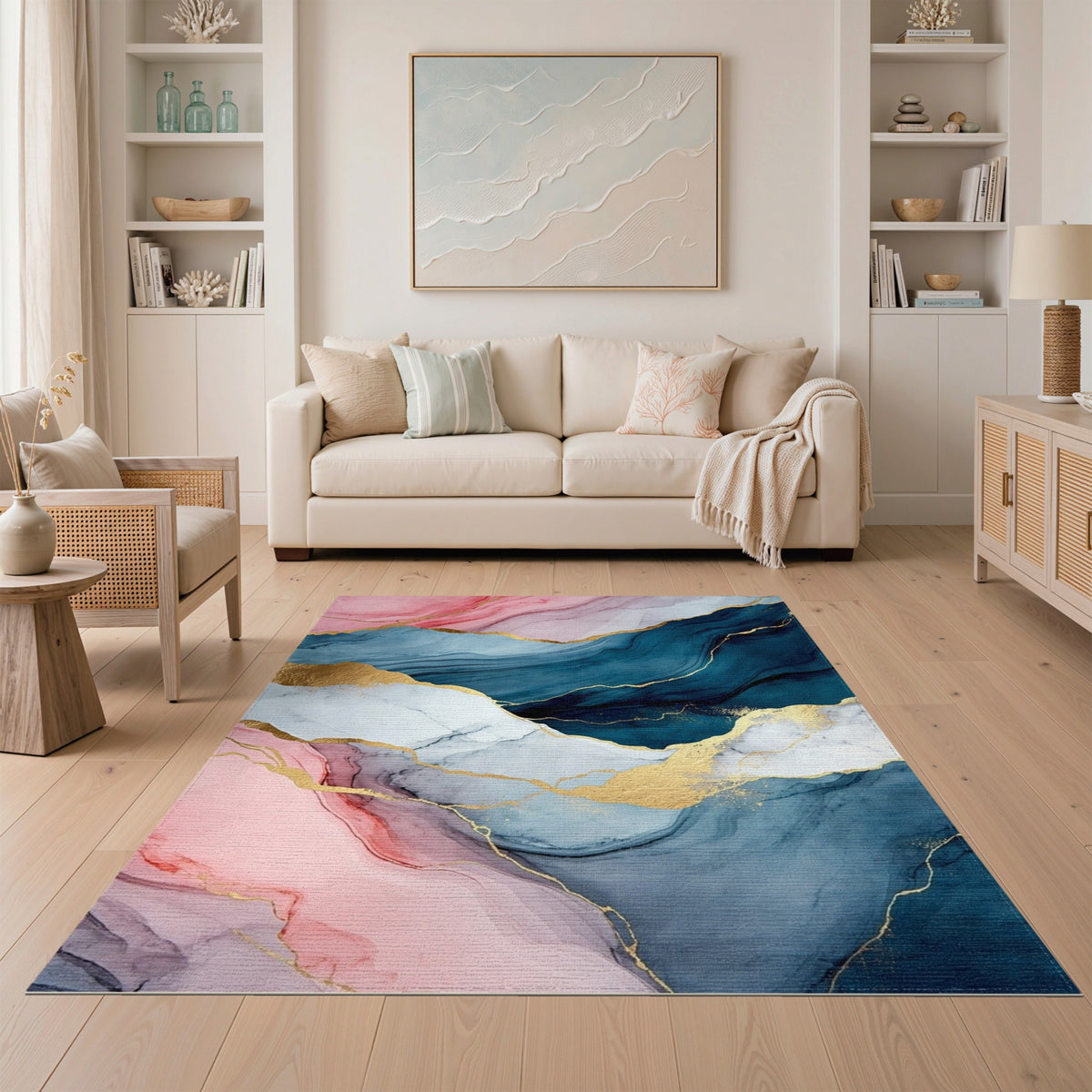 Pink Blue Abstract Marble Washable Area Rug