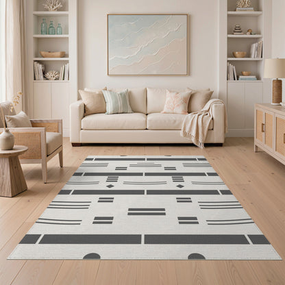 Grey Geometric Lines Washable Area Rug