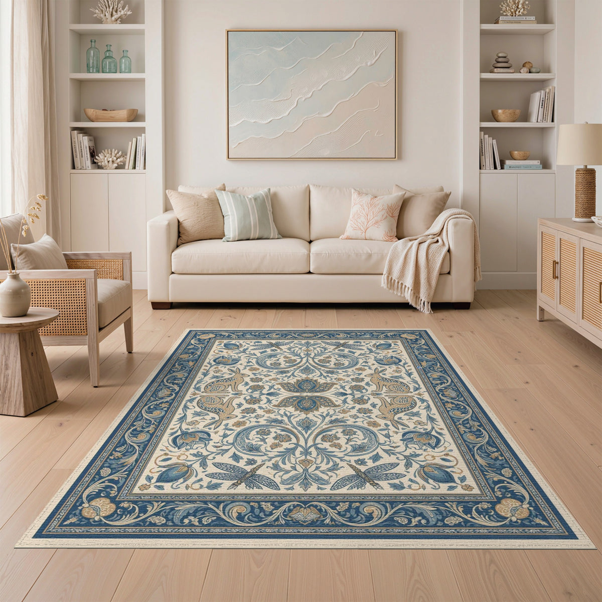Blue Teal Floral Vintage Rabbit Area Rug