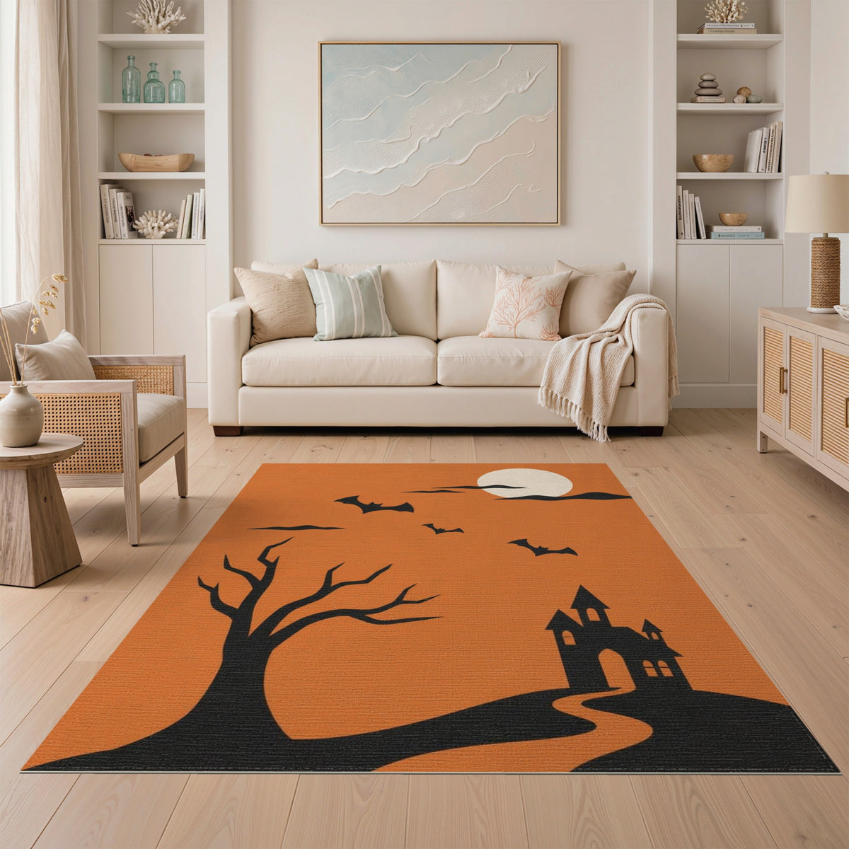 Halloween Castle Bats Orange Area Rug