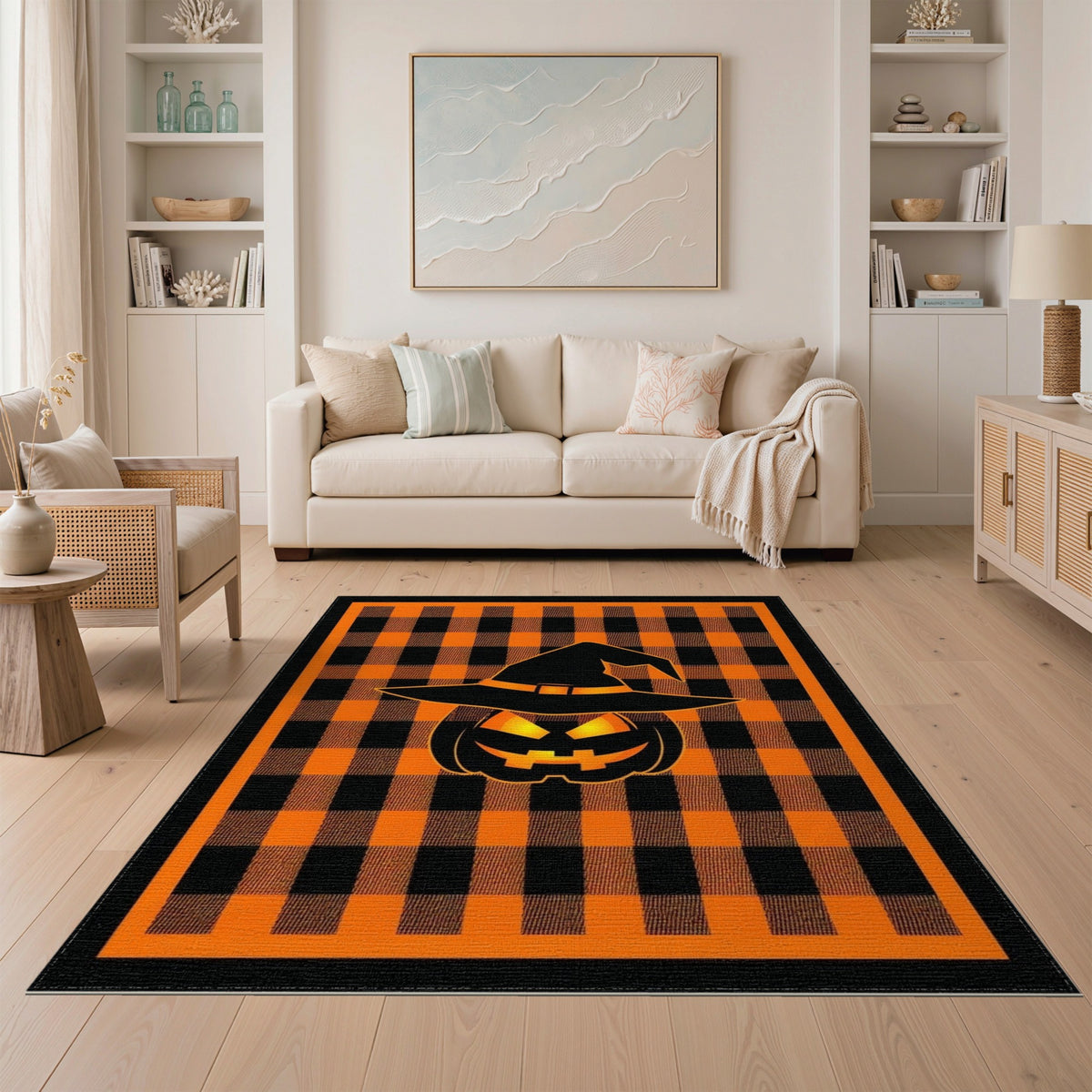 Orange Buffalo Check Pumpkin Witch Hat Area Rug