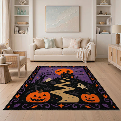 Spooky Halloween Haunted House Purple Area Rug