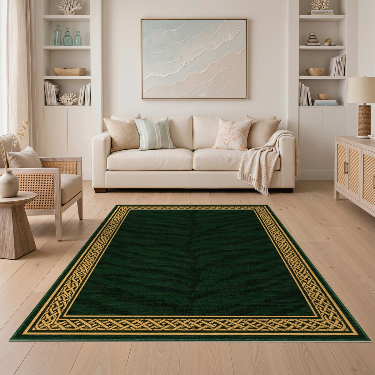Dark Green Tiger Stripe Area Rug with Gold Border