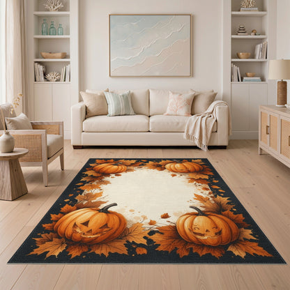 Orange Pumpkin Jack-o'-Lantern Washable Area Rug