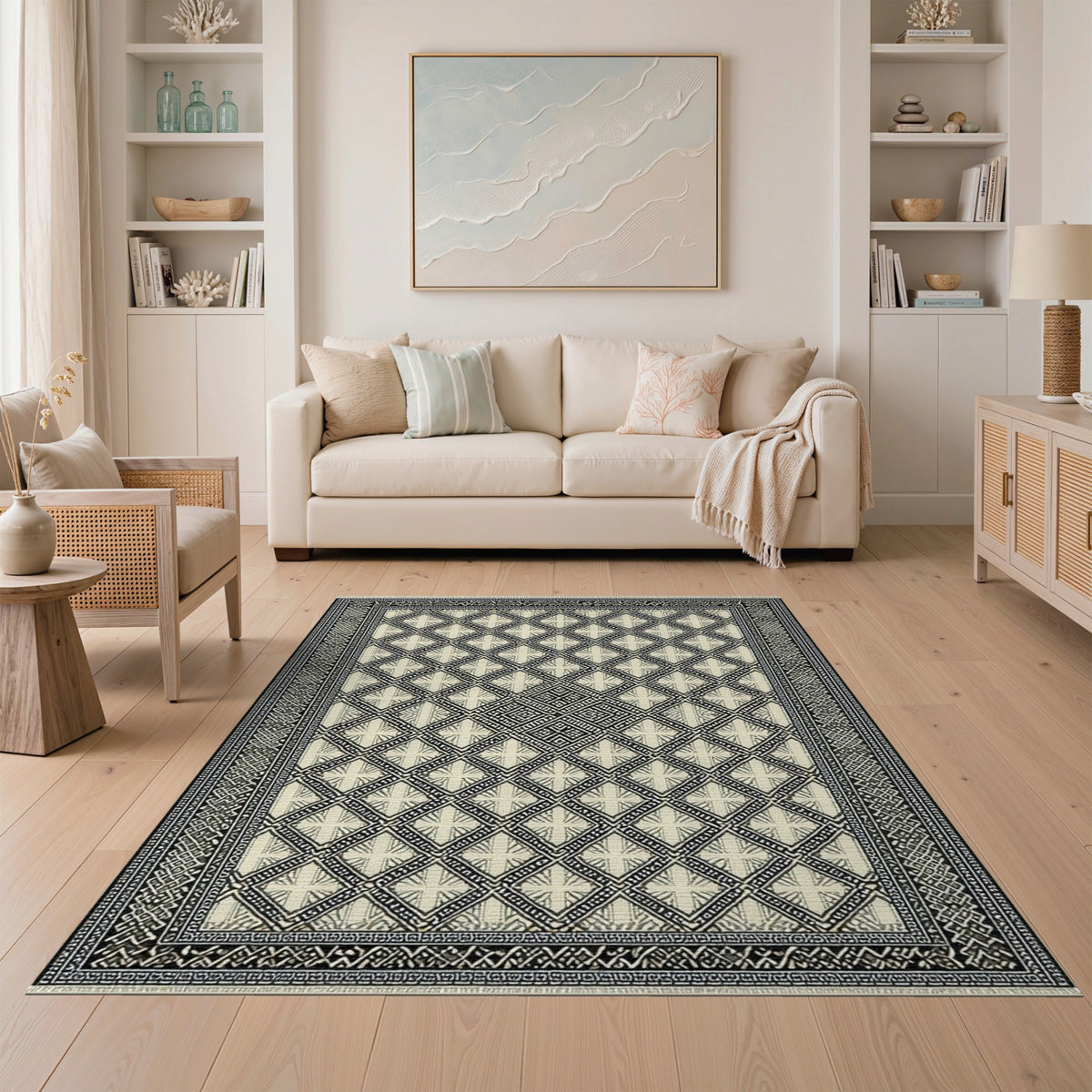 Black White Geometric Lattice No. 7 Area Rug