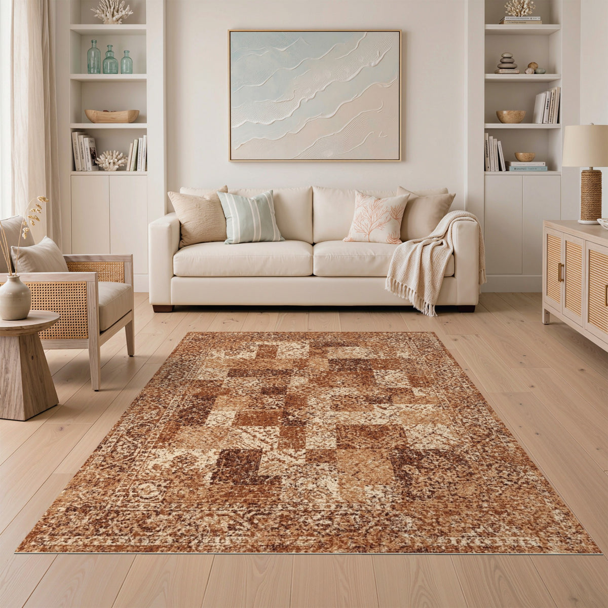 Distressed Vintage Brown and Tan Area Rug