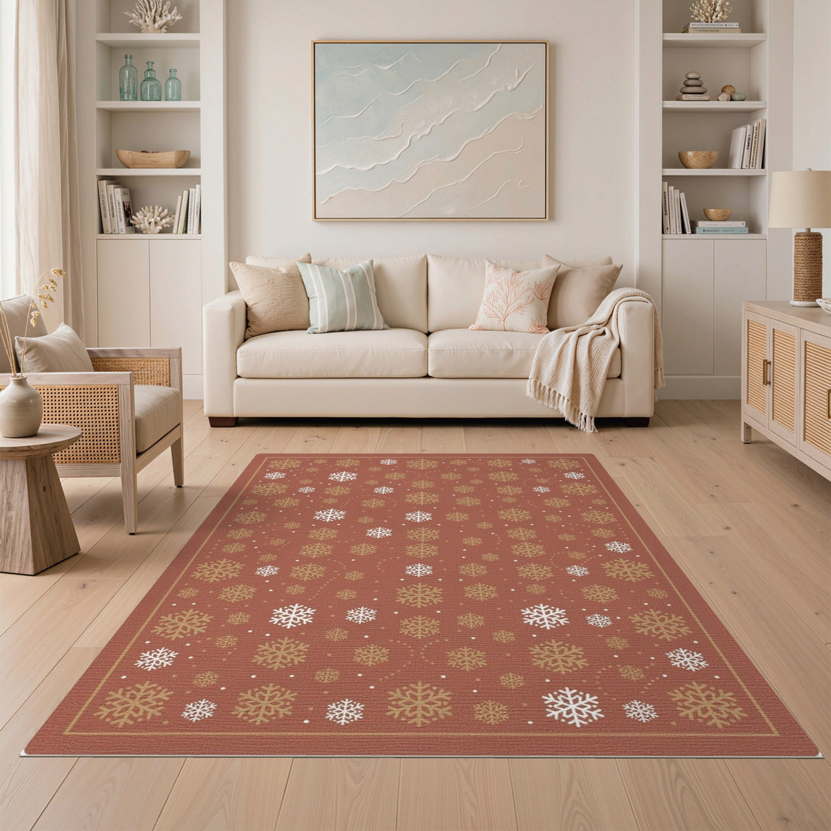 Red Snowflake Geometric Area Rug