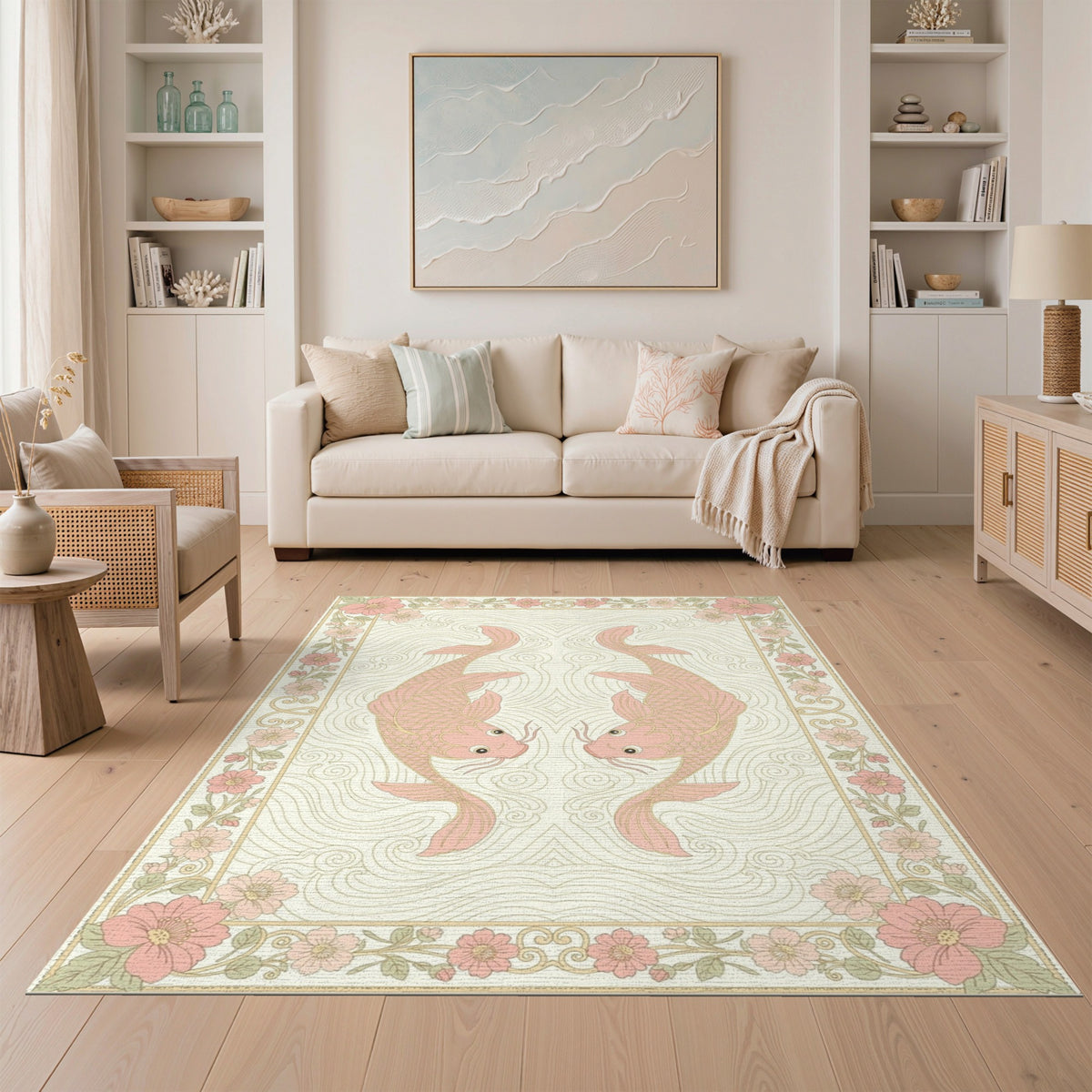 Pink Koi Fish Floral Vintage Area Rug