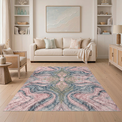 Pink Marble Gold Filigree Area Rug