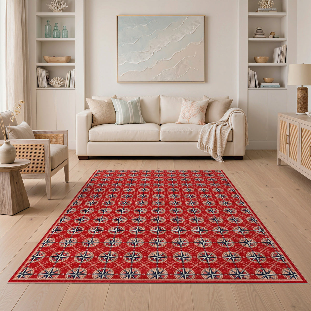 Red Nautical Compass Washable Area Rug