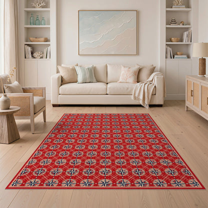Red Nautical Compass Washable Area Rug