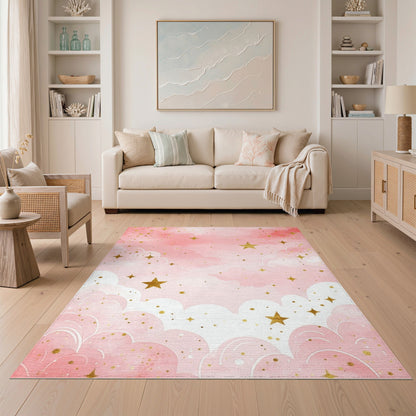 Pink Starry Clouds Kids Washable Area Rug