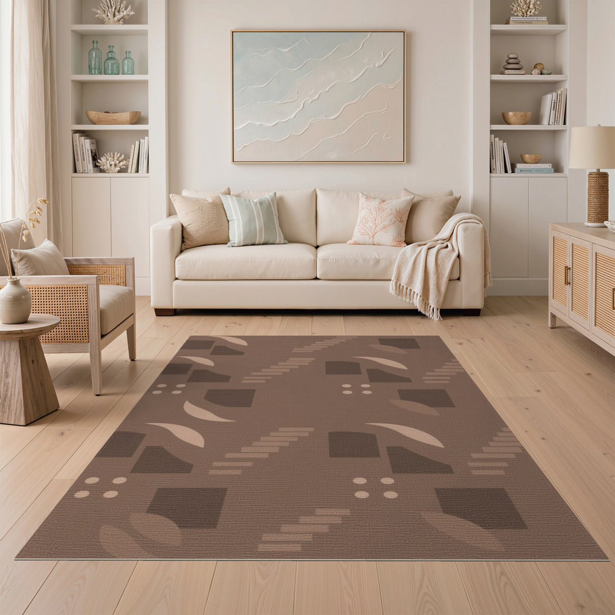 Brown Geometric Stair Motif Area Rug