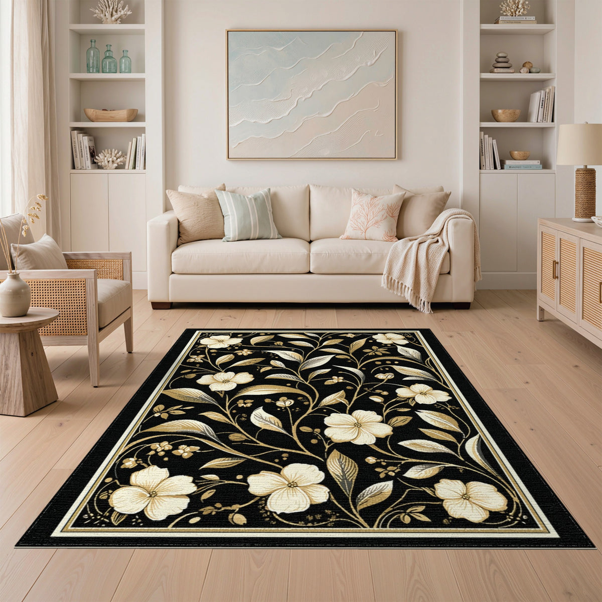 Black Floral Vintage Floral Vintage Area Rug