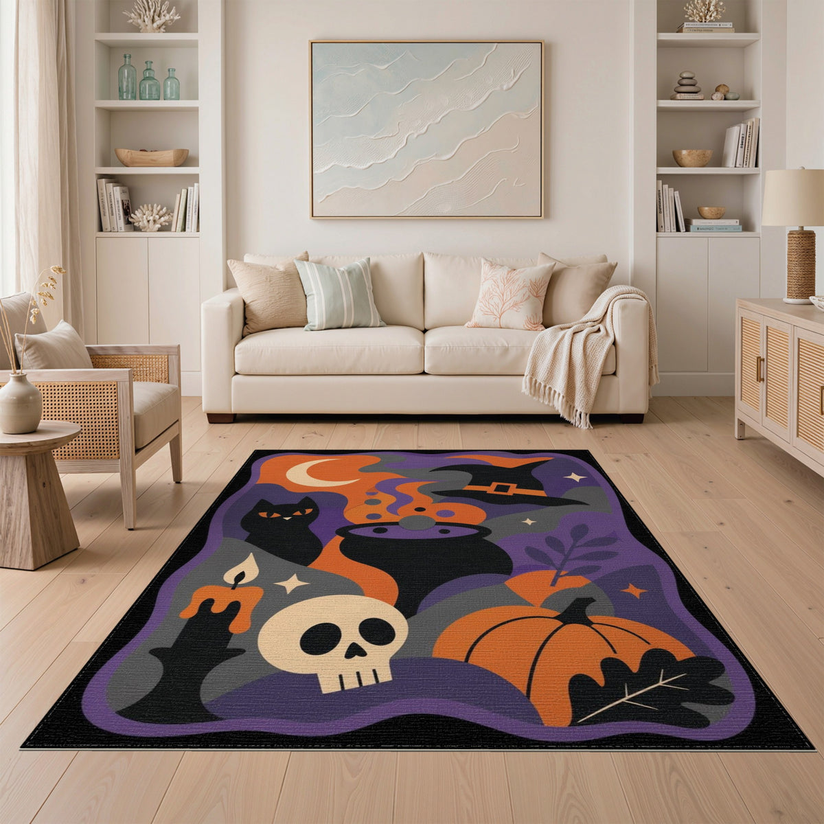 Halloween Witch Cauldron Black Cat Area Rug