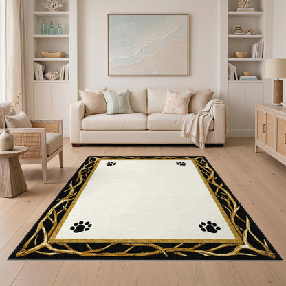 Black Paw Print Gold Branch Area Rug
