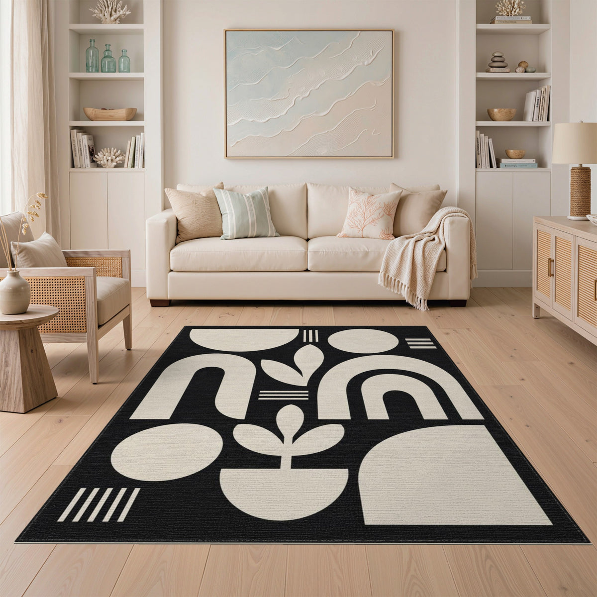 Black White Geometric Botanical Area Rug