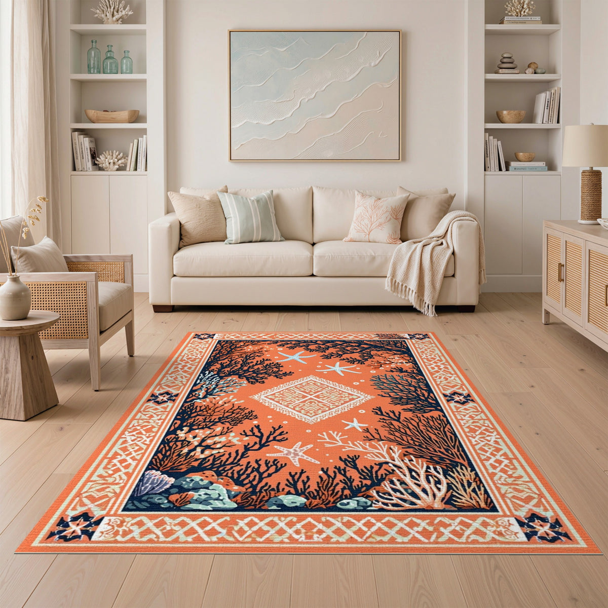 Orange Coral Starfish Coastal Area Rug