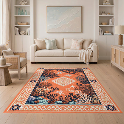 Orange Coral Starfish Coastal Area Rug
