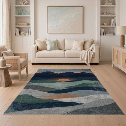 Distressed Blue Teal Mountain Sunset Area Rug