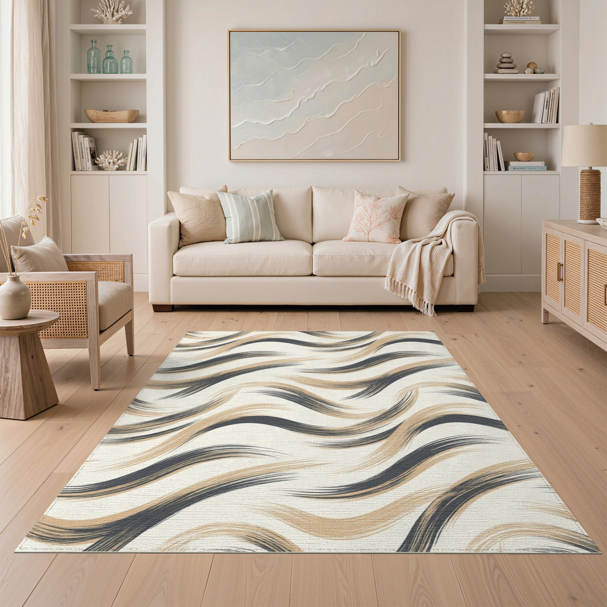 Beige Wavy Abstract Area Rug