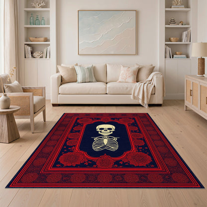 Red Floral Skeleton Area Rug