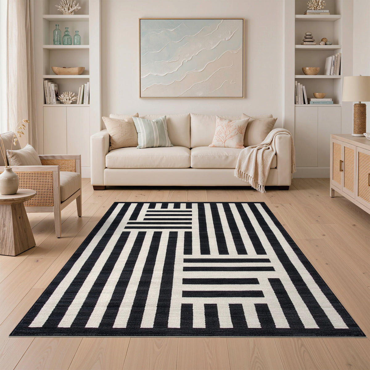 Bold Black White Geometric Area Rug