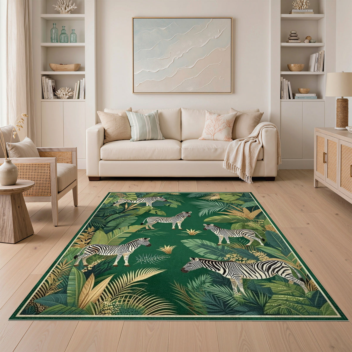 Kids Cartoon Green Zebra Jungle Area Rug