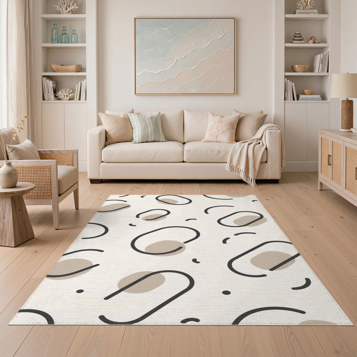 Beige and Neutral Beige Abstract Oval Area Rug