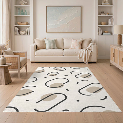 Beige and Neutral Beige Abstract Oval Area Rug