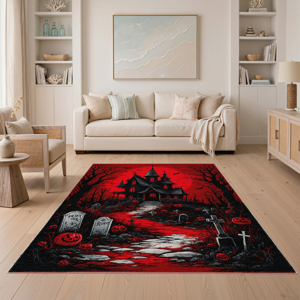 Red Haunted Mansion Halloween Area Rug