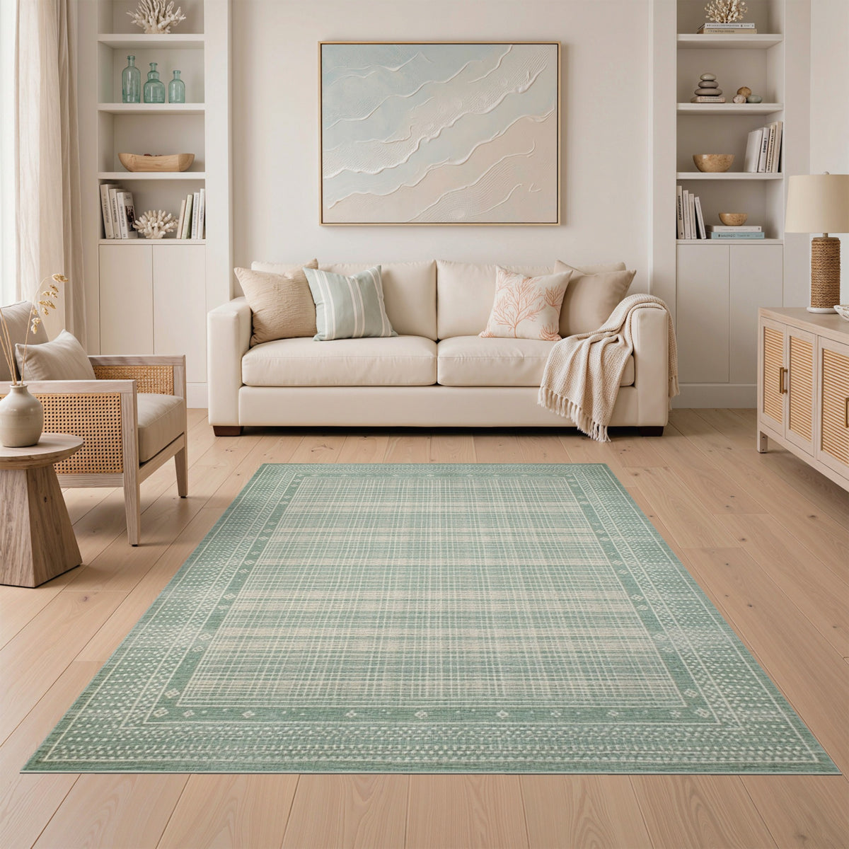 Blue and Teal Geometric Grid Area Rug