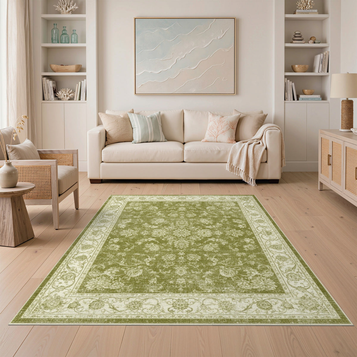 Green Floral Vintage Area Rug