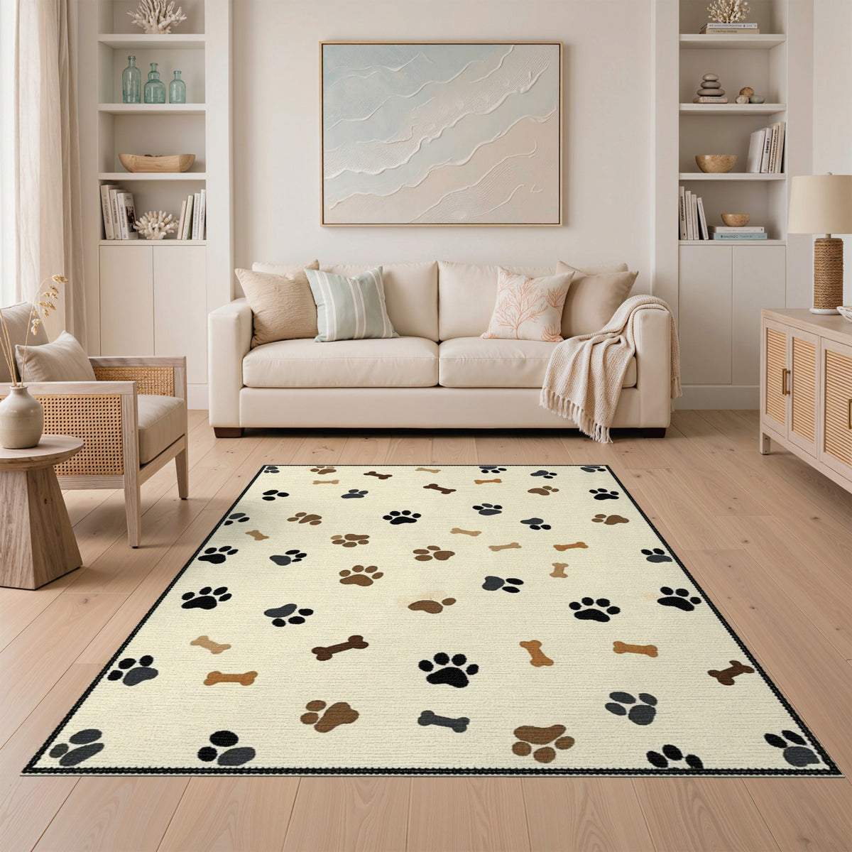 Paw Print and Bone Beige Area Rug