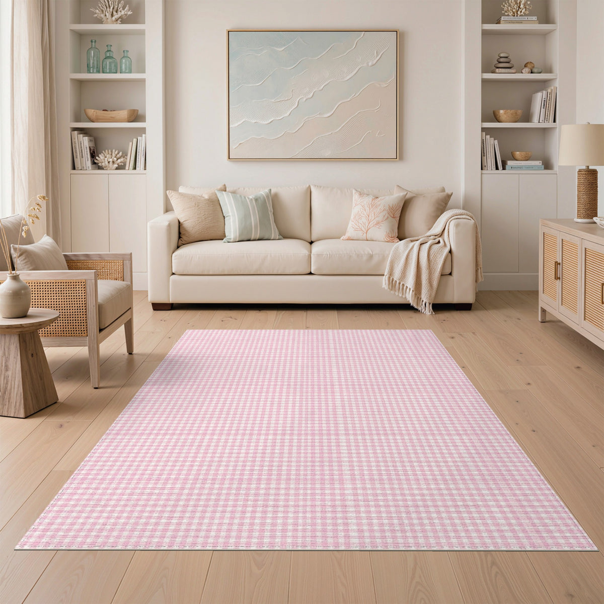 Pink Washable Pink Gingham Checkered Washable Area Rug