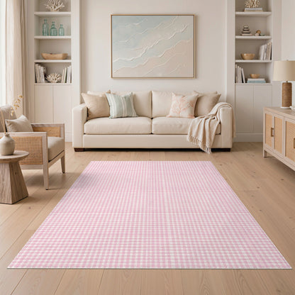 Pink Washable Pink Gingham Checkered Washable Area Rug