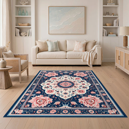 Navy Blue Pink Floral Medallion Area Rug